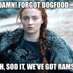Sansa | DAMN! FORGOT DOGFOOD.... NAH, SOD IT, WE'VE GOT RAMSAY | image tagged in sansa | made w/ Imgflip meme maker