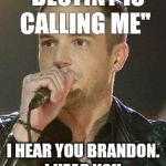 Brandon Flowers | "DESTINY IS CALLING ME"; I HEAR YOU BRANDON. I HEAR YOU. | image tagged in brandon flowers | made w/ Imgflip meme maker