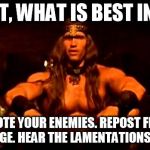 conan crush your enemies | REDDIT, WHAT IS BEST IN LIFE? DOWNVOTE YOUR ENEMIES. REPOST FROM THE FRONT PAGE. HEAR THE LAMENTATIONS OF MODS. | image tagged in conan crush your enemies | made w/ Imgflip meme maker