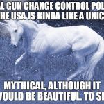 unicorn | REAL GUN CHANGE CONTROL POLICY IN THE USA IS KINDA LIKE A UNICORN; MYTHICAL, ALTHOUGH IT WOULD BE BEAUTIFUL. TO SEE. | image tagged in unicorn | made w/ Imgflip meme maker