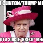 The Queen is Not Happy | 1000 CLINTON/TRUMP MEMES; BUT NOT A SINGLE "BREXIT" MEME??? | image tagged in the queen is not happy | made w/ Imgflip meme maker