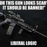 Black Guns Matter | "OH THIS GUN LOOKS SCARY, IT SHOULD BE BANNED!"; LIBERAL LOGIC | image tagged in black guns matter | made w/ Imgflip meme maker