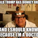 Dr. Mantis Toboggan M.D. | DONALD TRUMP HAS DONKEY BRAINS; AND I SHOULD KNOW, BECAUSE I'M A DOCTOR | image tagged in dr mantis toboggan md,danny devito,it's always sunny in philidelphia,political meme,memes | made w/ Imgflip meme maker