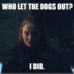 Sansa Stark Smirk | WHO LET THE DOGS OUT? I DID. | image tagged in sansa stark smirk | made w/ Imgflip meme maker
