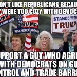 Who is a rino? | DIDN'T LIKE REPUBLICANS BECAUSE THEY WERE TOO COZY WITH DEMOCRATS; SUPPORT A GUY WHO AGREES WITH DEMOCRATS ON GUN CONTROL AND TRADE BARRIERS | image tagged in trump supporter | made w/ Imgflip meme maker