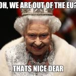 Queen of England | OH, WE ARE OUT OF THE EU? THATS NICE DEAR | image tagged in queen of england | made w/ Imgflip meme maker