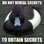 Angry mallard | DO NOT REVEAL SECRETS; TO OBTAIN SECRETS | image tagged in angry mallard | made w/ Imgflip meme maker
