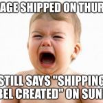 Baby crying  | PACKAGE SHIPPED ON THURSDAY; STILL SAYS "SHIPPING LABEL CREATED" ON SUNDAY | image tagged in baby crying,memes | made w/ Imgflip meme maker