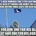 Cubs Lose | IT’S BEEN RUMORED THAT STEVE BARTMAN HAS BEEN ATTENDING CUB GAMES THE LAST 3 WEEKS BUYING THREE SEATS FOR EACH GAME. ONE FOR HIM, ONE FOR HIS BLACK CAT AND ONE FOR HIS GOAT | image tagged in cubs lose | made w/ Imgflip meme maker