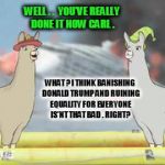 Llamas with hats | WELL . .  YOU'VE REALLY DONE IT NOW CARL . WHAT ? I THINK BANISHING  DONALD TRUMP AND RUINING EQUALITY FOR EVERYONE IS'NT THAT BAD . RIGHT? | image tagged in llamas with hats | made w/ Imgflip meme maker