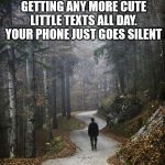 Man Walking Alone In woods | ONE OF THE SADDEST ASPECTS OF A BREAKUP IS THE LONELINESS OF NOT GETTING ANY MORE CUTE LITTLE TEXTS ALL DAY. YOUR PHONE JUST GOES SILENT; AND THE SILENCE ITSELF IS BOTH PAINFUL AND DEAFENING... | image tagged in man walking alone in woods | made w/ Imgflip meme maker