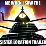 Bill cipher angry | ME WHEN I SAW THE; SISTER LOCATION TRAILER | image tagged in bill cipher angry | made w/ Imgflip meme maker