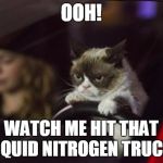 Hasta La Vista, Baby! | OOH! WATCH ME HIT THAT LIQUID NITROGEN TRUCK! | image tagged in grumpy cat driving,memes,grumpy cat,nitrogen,terminator,reference | made w/ Imgflip meme maker