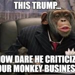 This Trump... how dare he criticize our monkey business | THIS TRUMP... HOW DARE HE CRITICIZE OUR MONKEY BUSINESS | image tagged in business chimp,trump,monkey business,election 2016 | made w/ Imgflip meme maker