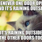 Model of the World | WHENEVER ONE DOOR OPENS AND IT'S RAINING OUTSIDE; IT'S RAINING OUTSIDE THE OTHER DOORS TOO | image tagged in sad kitty | made w/ Imgflip meme maker