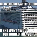 ABANDON SHIP | MAYOR OVERBORED WITH THE BUDGET; SO SHE WENT AWOL LOOKING FOR BURIED TREASURE | image tagged in y not cruise,budget,mayor | made w/ Imgflip meme maker