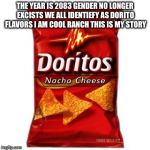 Doritos | THE YEAR IS 2083 GENDER NO LONGER EXCISTS WE ALL IDENTIEFY AS DORITO FLAVORS I AM COOL RANCH THIS IS MY STORY | image tagged in doritos | made w/ Imgflip meme maker