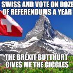 swiss | I'M SWISS AND VOTE ON DOZENS OF REFERENDUMS A YEAR; THE BREXIT BUTTHURT GIVES ME THE GIGGLES | image tagged in swiss | made w/ Imgflip meme maker