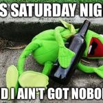 That Frog's in an Aweful Way | IT'S SATURDAY NIGHT; AND I AIN'T GOT NOBODY | image tagged in drunk kermit,memes,funny,cat stevens,sean connery  kermit | made w/ Imgflip meme maker