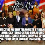 The View | PROTECTING MUSLIM TERRORISTS BY BLAMING AMERICAN IDEOLOGY AND DEFRAUDING AMERICAN INTELLIGENCE USING SHOW AS OPINIONATED PLATFORM SINCE OBAMAS INAUGURATION | image tagged in the view | made w/ Imgflip meme maker