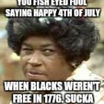 aunt ester | YOU FISH EYED FOOL SAYING HAPPY 4TH OF JULY; WHEN BLACKS WEREN'T FREE IN 1776. SUCKA | image tagged in aunt ester | made w/ Imgflip meme maker