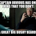Obvious | CAPTAIN OBVIOUS HAS ONE THING THAT YOU DON'T. A GREAT BIG BUSHY BEARD! | image tagged in captain obvious | made w/ Imgflip meme maker