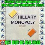 Hillary Monopoly | HILLARY CLINTON MONOPOLY ONLY HAS ONE COMMUNITY CHEST; GET OUT OF JAIL FREE | image tagged in hillary monopoly | made w/ Imgflip meme maker