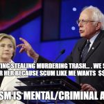 bernie-hilary | THIS LYING STEALING MURDERING TRASH... . WE SHOULD VOTE FOR HER BECAUSE SCUM LIKE ME WANTS  $$  POWER; STATISM IS MENTAL/CRIMINAL ABUSE | image tagged in bernie-hilary | made w/ Imgflip meme maker