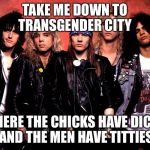 Guns and Roses | TAKE ME DOWN TO TRANSGENDER CITY; WHERE THE CHICKS HAVE DICKS AND THE MEN HAVE TITTIES | image tagged in guns and roses | made w/ Imgflip meme maker