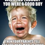 Trump Tantrum  | WHEN YOU THOUGHT YOU WERE A GOOD BOY; THEN YOUR PARENTS TELL YOU YOU WERE MADE IN CHINA | image tagged in trump tantrum | made w/ Imgflip meme maker