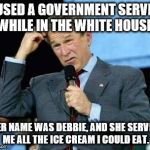 Bush confused | I USED A GOVERNMENT SERVER WHILE IN THE WHITE HOUSE. HER NAME WAS DEBBIE, AND SHE SERVED ME ALL THE ICE CREAM I COULD EAT. | image tagged in bush confused | made w/ Imgflip meme maker
