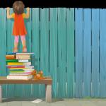 girl using books to peek over fence