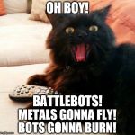 OH BOY! Cat: BattleBots is on | OH BOY! BATTLEBOTS! METALS GONNA FLY! BOTS GONNA BURN! | image tagged in oh boy cat,memes,tv show,funny,robots,wars | made w/ Imgflip meme maker