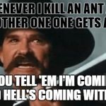 Summer Sheriff  | WHENEVER I KILL AN ANT AND THE OTHER ONE ONE GETS AWAY:; YOU TELL 'EM I'M COMIN. AND HELL'S COMING WITH ME | image tagged in tombstone,ants,bugs,bad luck brian | made w/ Imgflip meme maker