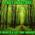 A Day in Nature | A DAY IN NATURE; IS WORTH A LIFETIME INDOORS | image tagged in trees_oxygen,nature,a day,worth,lifetime,indoors | made w/ Imgflip meme maker