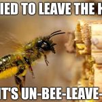 Bumble Bee Free | I TRIED TO LEAVE THE HIVE; BUT IT'S UN-BEE-LEAVE-ABLE | image tagged in bee,memes,bad puns,insects,bumblebee | made w/ Imgflip meme maker