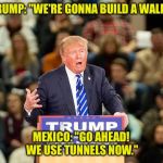 Trump's wall. | TRUMP: "WE'RE GONNA BUILD A WALL!"; MEXICO: "GO AHEAD! WE USE TUNNELS NOW." | image tagged in trump's wall,mexico,secure the border,fence aka border wall,donald trump | made w/ Imgflip meme maker