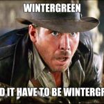 When someone offers me a piece of gum. | WINTERGREEN; WHY'D IT HAVE TO BE WINTERGREEN? | image tagged in indiana jones snakes | made w/ Imgflip meme maker
