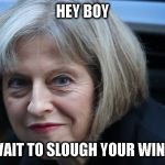 Theresa May Hey Boy | HEY BOY; I CAN'T WAIT TO SLOUGH YOUR WINCHESTER | image tagged in theresa may hey boy | made w/ Imgflip meme maker