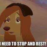 I Need To Stop And Rest! | I NEED TO STOP AND REST! | image tagged in dixie exhausted,memes,disney,the fox and the hound 2,reba mcentire,dog | made w/ Imgflip meme maker