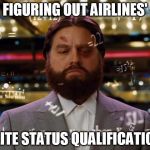 Alan Garner | FIGURING OUT AIRLINES'; ELITE STATUS QUALIFICATION | image tagged in alan garner | made w/ Imgflip meme maker