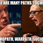 HILLARY TRUMP | THERE ARE MANY PATHS TO CHOOSE; PSYCHOPATH, WARPATH, SOCIOPATH | image tagged in hillary trump | made w/ Imgflip meme maker