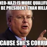Delusional Republicans/Trump Supporters | A NEO-NAZI IS MORE QUALIFIED TO BE PRESIDENT THAN HILLARY; BECAUSE SHE'S CORRUPT | image tagged in karl rove,fox news,republican,idiots,trump | made w/ Imgflip meme maker