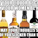 Liquor | MAY YOUR LIQUOR BE COLD, MAY YOUR WOMEN BE HOT. AND MAY YOUR TROUBLES SLIDE OFF OF YOU SLICKER THAN SNOT. | image tagged in liquor | made w/ Imgflip meme maker
