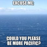 Exacting | EXCUSE ME;; COULD YOU PLEASE BE MORE PACIFIC? | image tagged in ocean,bad pun,puns,funny,meme | made w/ Imgflip meme maker