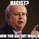 Karl Rove Stupid | RACIST? I KNOW YOU ARE BUT WHAT AM I | image tagged in karl rove,republican,fox news | made w/ Imgflip meme maker