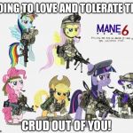 I Take No Credit To The Meme Template Someone Posted It Here On Imgflip, Please Read The Comments For More Information | GOING TO LOVE AND TOLERATE THE; CRUD OUT OF YOU! | image tagged in military ponies,usa,mlp,my little pony,fort macarthur,postmates | made w/ Imgflip meme maker