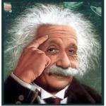 Albert Einstein points at head