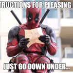 Deadpool | INSTRUCTIONS FOR PLEASING HER. JUST GO DOWN UNDER... | image tagged in deadpool | made w/ Imgflip meme maker