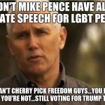 Mike Pence | DIDN'T MIKE PENCE HAVE ALOT OF HATE SPEECH FOR LGBT PEOPLE; YOU CAN'T CHERRY PICK FREEDOM GUYS...YOU EITHER ARE OR YOU'RE NOT...STILL VOTING FOR TRUMP THOUGH | image tagged in mike pence | made w/ Imgflip meme maker